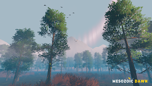 Tall pines against a hazy sky with flying reptiles overhead