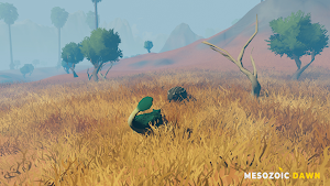 A small dinosaur crouched in golden savanna grass