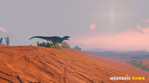 A theropod on a red desert ridge at sunset