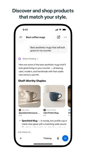 Shopping suggestions with named mugs, merchants and prices