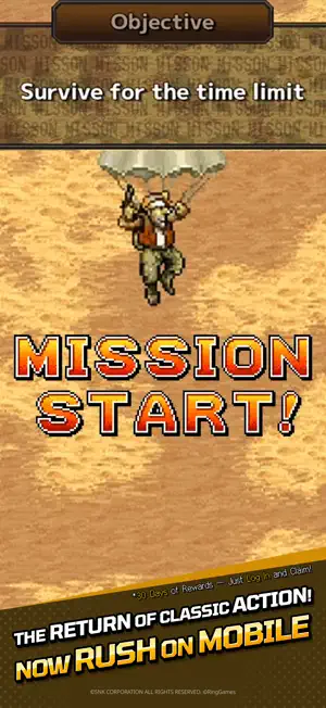 Marco parachuting in under a survive-for-the-time-limit objective, captioned the return of classic action, now Rush on mobile