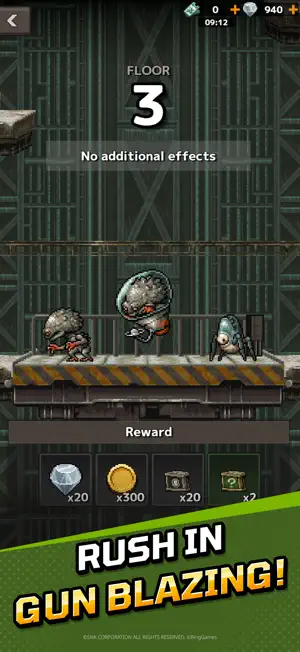 The Floor 3 screen with a Mars People boss on a bridge and a reward tray, captioned rush in gun blazing