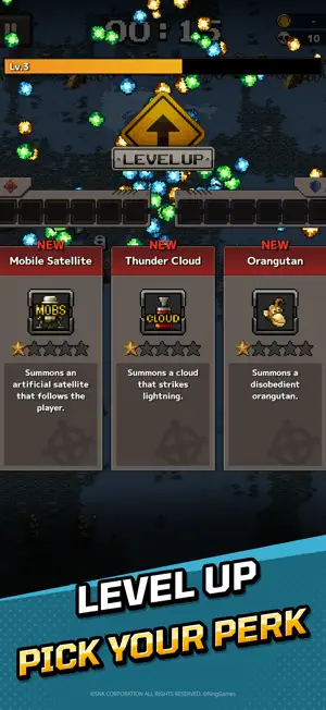 A level-up perk choice between Mobile Satellite, Thunder Cloud and Orangutan, captioned pick your perk