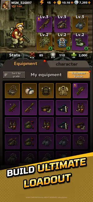 The equipment grid with Marco's stats and a loadout of merged gear, captioned build ultimate loadout