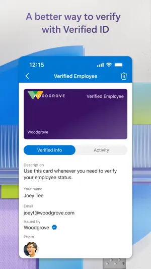 Verified Employee card issued by Woodgrove with name and photo