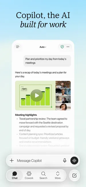 Copilot chat tab answering a request to plan the day from meetings, with a meeting recap, video thumbnails and a Chat, Cowork, Search, More bar