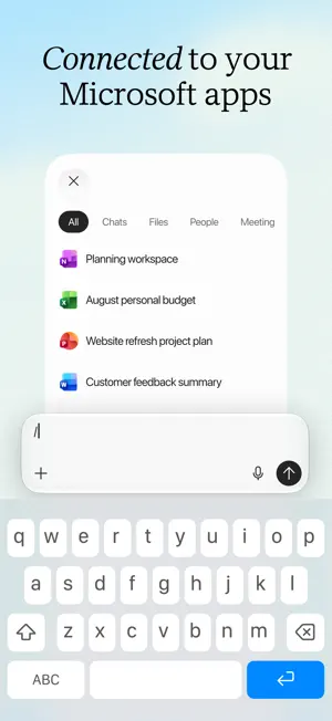 Slash menu above the keyboard listing Microsoft 365 items such as Planning workspace and August personal budget under All, Chats, Files, People and Meeting filters