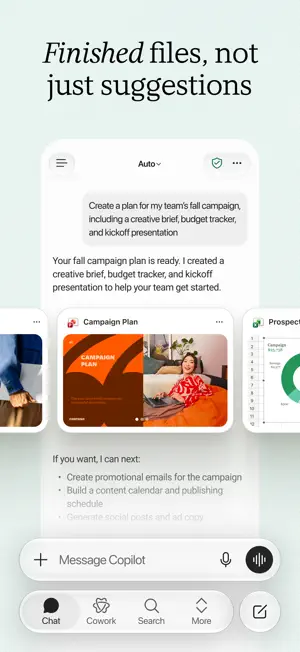 Chat answer to a fall campaign request with a Campaign Plan presentation card and a spreadsheet card with a doughnut chart