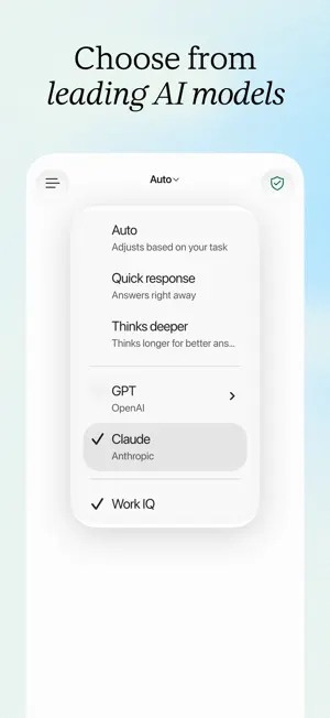 Model menu open with Auto, Quick response, Thinks deeper, GPT from OpenAI, Claude from Anthropic and Work IQ, with checks beside Claude and Work IQ
