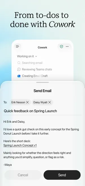 Cowork screen with a progress list for searching email, reviewing Teams chats and creating an email draft, over a Send Email sheet with Cancel and Send buttons