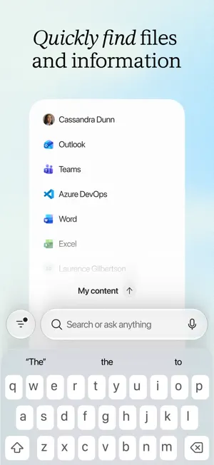 Search tab listing a contact and Outlook, Teams, Azure DevOps, Word and Excel sources above a Search or ask anything box and the keyboard