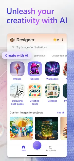 Home screen under an unleash-your-creativity headline, with Create with AI tiles for Images, Stickers, Wallpapers, Colouring book pages, Greeting cards and Collages