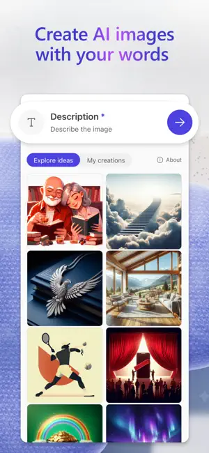 Description prompt box with an arrow button above an Explore ideas grid of AI images, including an older couple reading and a mountain living room
