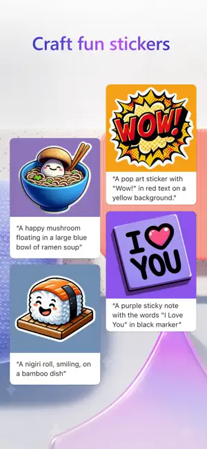 Four sticker examples with their prompts: a pop-art WOW burst, a mushroom in a ramen bowl, a purple I Love You note and a smiling nigiri