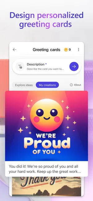 Greeting cards screen with a description field and a We're Proud of You card showing a smiling emoji face under a sparkle burst