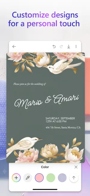 Wedding invitation for Mario and Amari on dark green with peony and bird artwork, and a colour picker row along the bottom