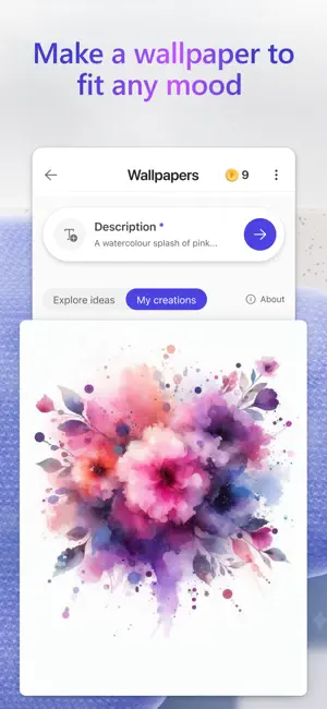 Wallpapers screen with a prompt for a watercolour splash of pink flowers above the finished pink and purple floral image