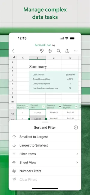 Loan summary sheet with the Sort and Filter panel open