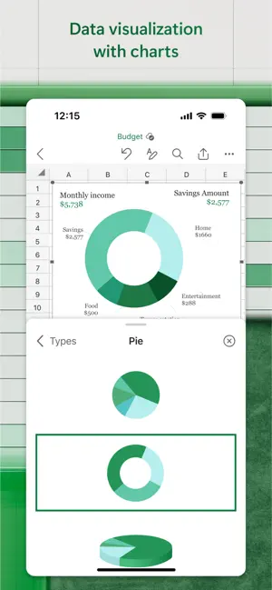 Budget sheet with the chart type picker showing pie variants