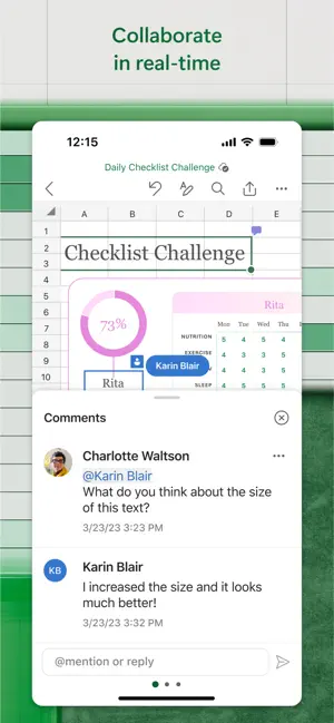 Checklist sheet with a comment thread and an @mention reply