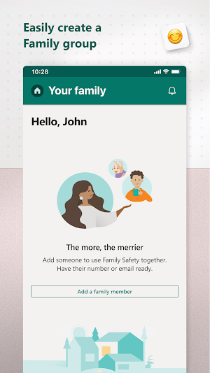 Family Safety Your family home screen greeting Hello, John, with The more, the merrier and an Add a family member button under the caption Easily create a Family group