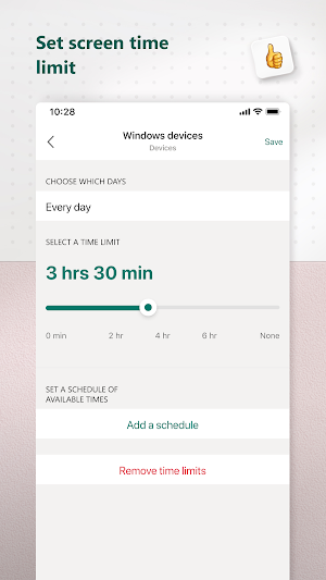 Windows devices time limit set to 3 hrs 30 min every day on a slider running from 0 min to None, with Add a schedule and Remove time limits below