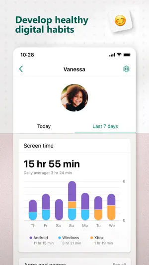 Vanessa's weekly screen time of 15 hr 55 min split across Android, Windows and Xbox, averaging 3 hr 24 min a day