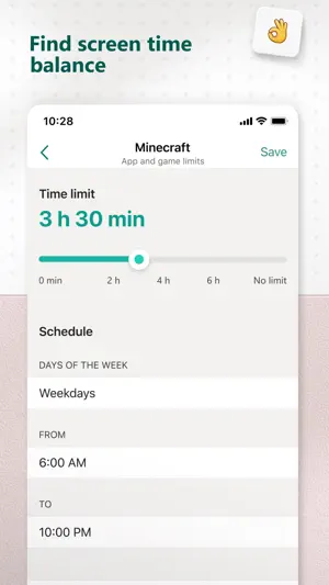 Minecraft app limit set to 3 hours 30 minutes on weekdays between 6:00 AM and 10:00 PM