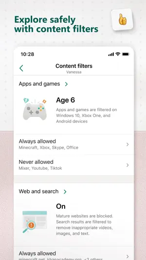 Content filters at age 6 allowing Minecraft and Office, blocking YouTube and TikTok, with web and search filtering on
