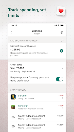 Kasper's Spending screen with a $285.99 Microsoft account balance, a Visa card set to require approval for every purchase, and recent Fortnite and Minecraft charges