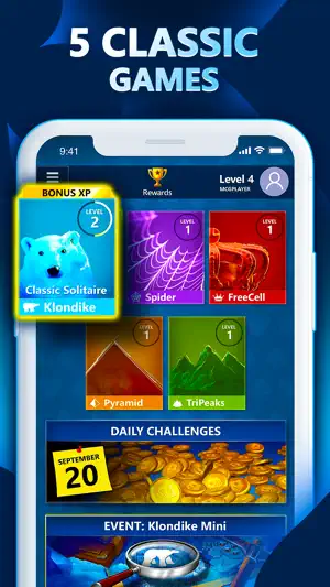 Menu of five classic games with levels and daily challenges