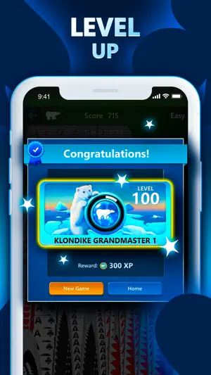 Level-up screen awarding a Klondike Grandmaster title