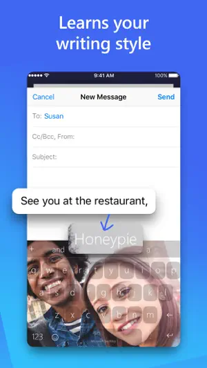 SwiftKey photo theme of a smiling couple behind translucent keys, predicting Honeypie in an email