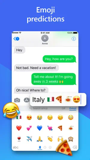 SwiftKey emoji panel in iMessage suggesting Italian flag, pizza and pasta emoji after typing Italy