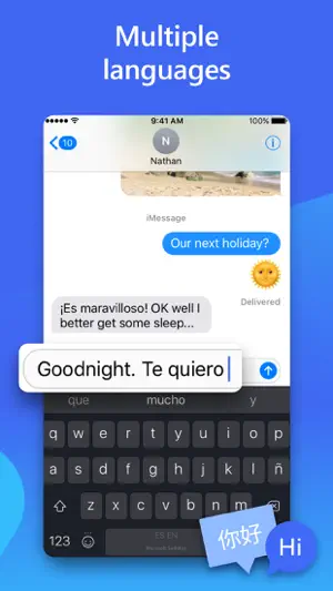 Dark SwiftKey keyboard mixing English and Spanish, predicting que and mucho after Te quiero