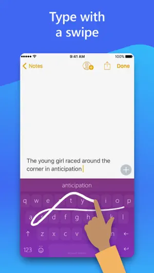 Swipe typing on a purple SwiftKey theme, tracing the word anticipation across the keys in Notes