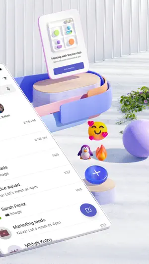 Angled chat list showing message previews and reaction stickers