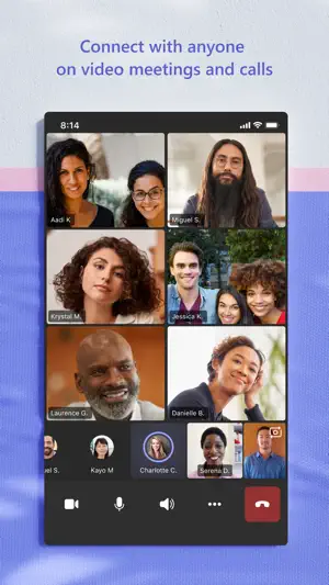 Video meeting grid with eight participants and call controls