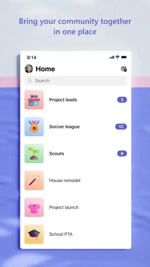 Home tab listing communities including Soccer league and School PTA