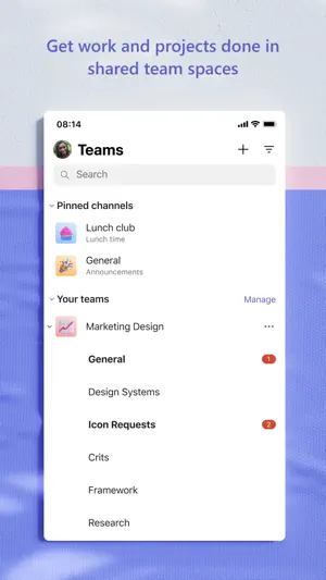 Teams tab with pinned channels above the Marketing Design list