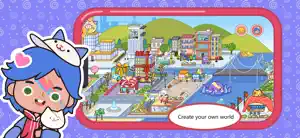 Miga World city map with an Office tower, a SALE shop wrapped like a gift, a suspension bridge and a purple octopus in the harbor, captioned Create your own world