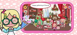 Christmas party in a red living room, with seven characters in festive outfits around a coffee table, captioned Happy gathering of friends