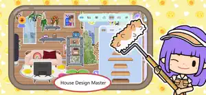 House Design Master mode: a living room with a pink sofa and TV beside a tray of wooden shelves and a furniture category bar