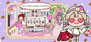 Pink clothing boutique with rails of outfits and a row of shoes as characters try on clothes, captioned Over a million wearable combinations