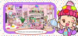 Makeup studio with shelves of lipsticks and palettes, a ring light and a character holding a hand mirror, captioned Unlock your own personalised make-up