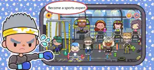 Gym with treadmills, a squat rack, an exercise bike and barbells as a dozen characters work out, captioned Become a sports expert