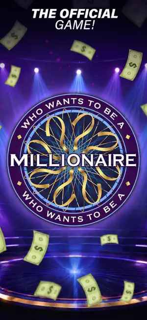 Who Wants to Be a Millionaire logo on a purple studio stage with dollar bills falling, captioned The Official Game