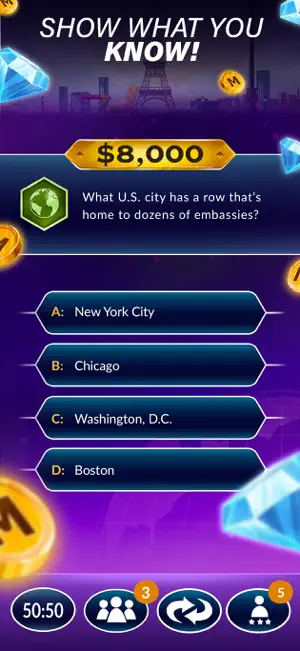 An $8,000 question about which U.S. city has a row of embassies, above the 50:50, Ask the Audience, New Question and Ask an Expert buttons