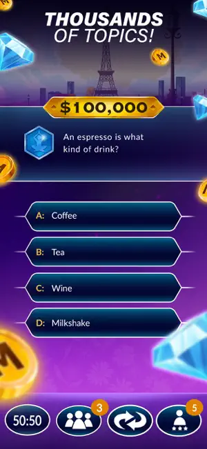 A $100,000 question asking what kind of drink an espresso is, with Coffee, Tea, Wine and Milkshake as the options