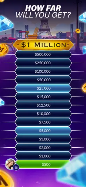 Money ladder of 15 rungs from $500 to $1 Million, with the $5,000 and $25,000 steps highlighted